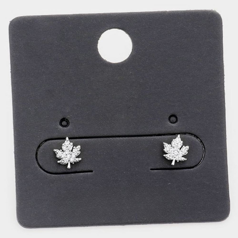 Silver Weed Cubic Zirconia Stud Earrings Fashion Statement Accessory Maple Leaf